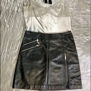 Bebe black leather skirt / Express silver silk top